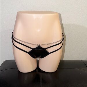 Black Strappy Chain Accent faux leather cheeky thong panty